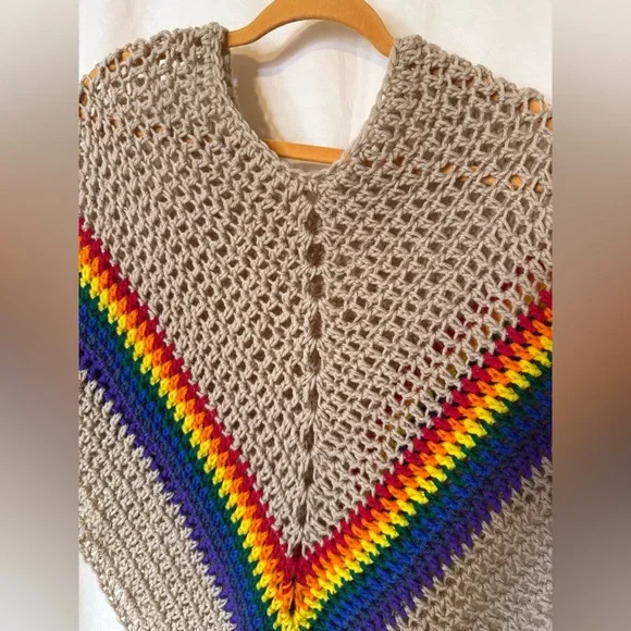 Crochet Poncho, Women’s sz Medium Tan & Rainbow Colors, Handmade Crochet Poncho - Picture 3 of 6